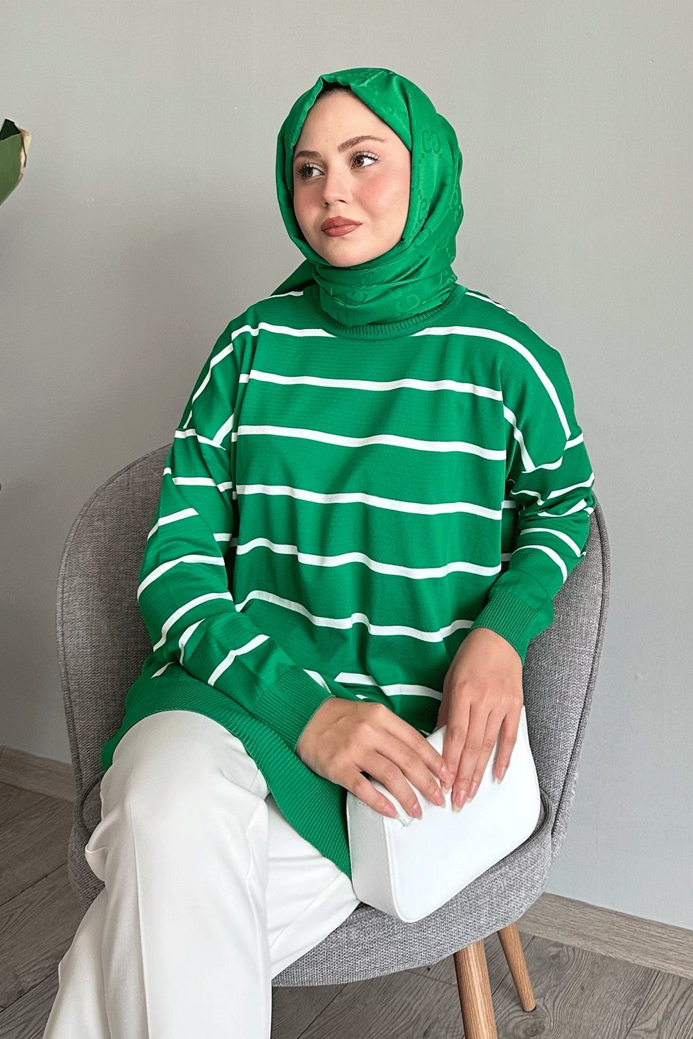 Basic Çizgili Yeşil Triko Tunik