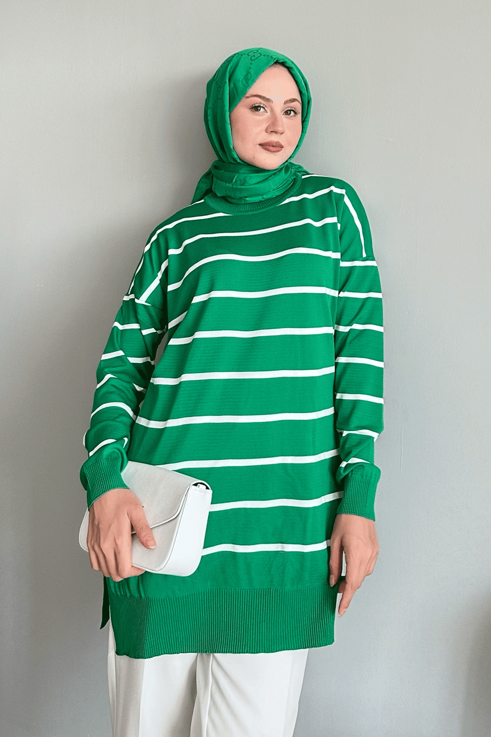 Basic Çizgili Yeşil Triko Tunik