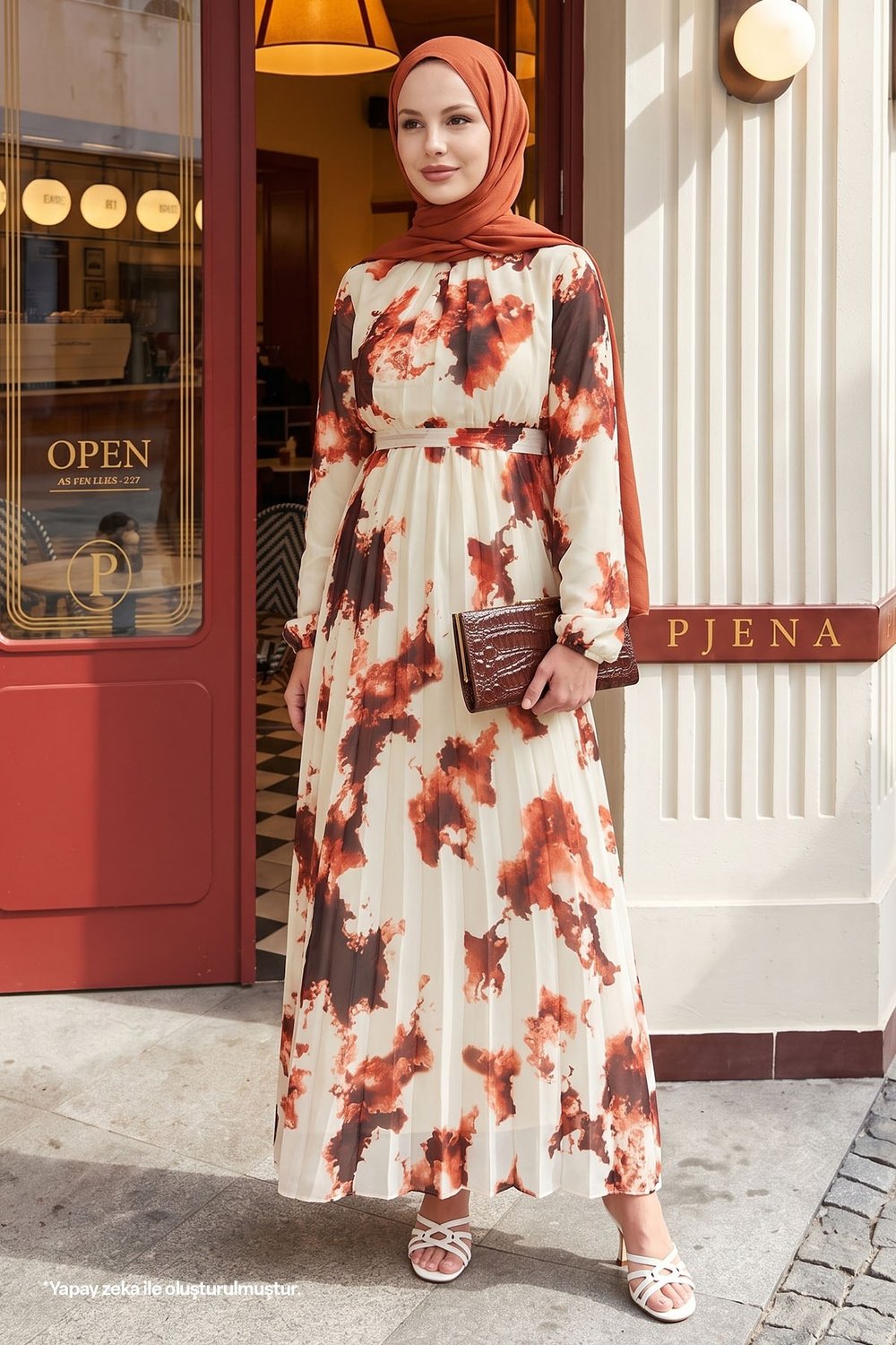 Batik Abstract Pattern Brick Chiffon Dress