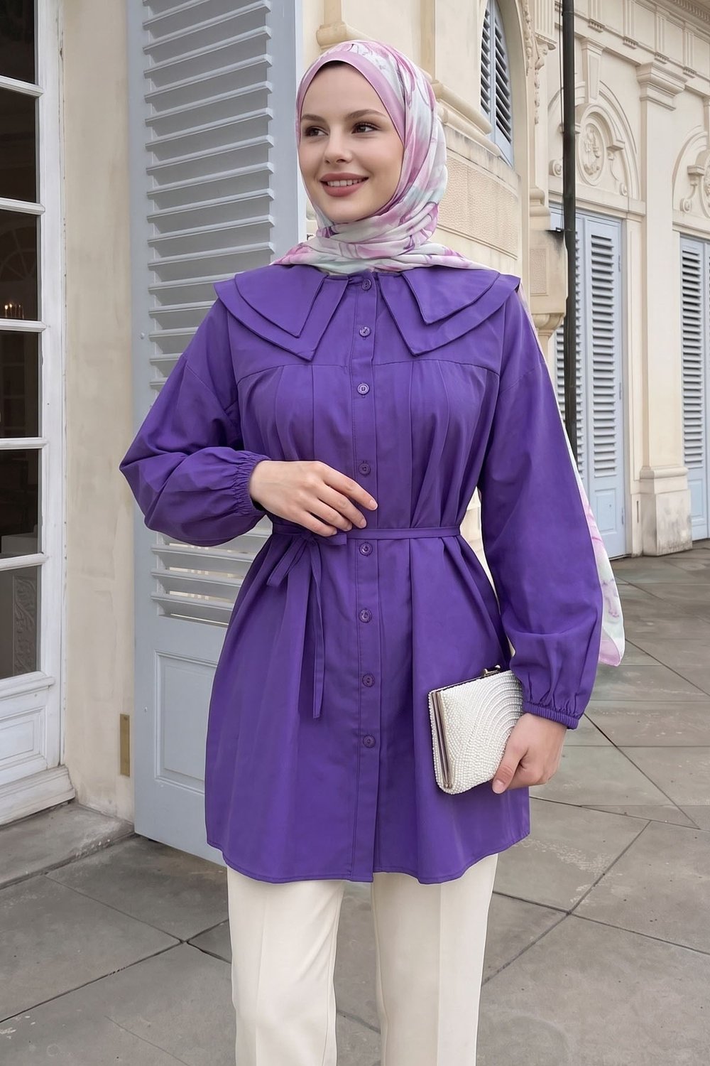 Bebe Yaka Düğmeli Mor Tunik