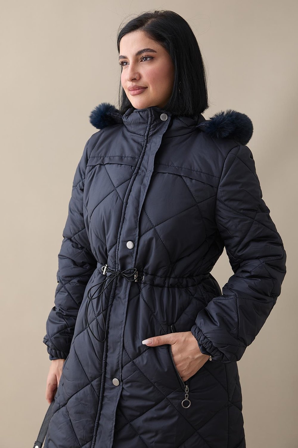 Beli Büzgülü Kapitone Mont Lacivert