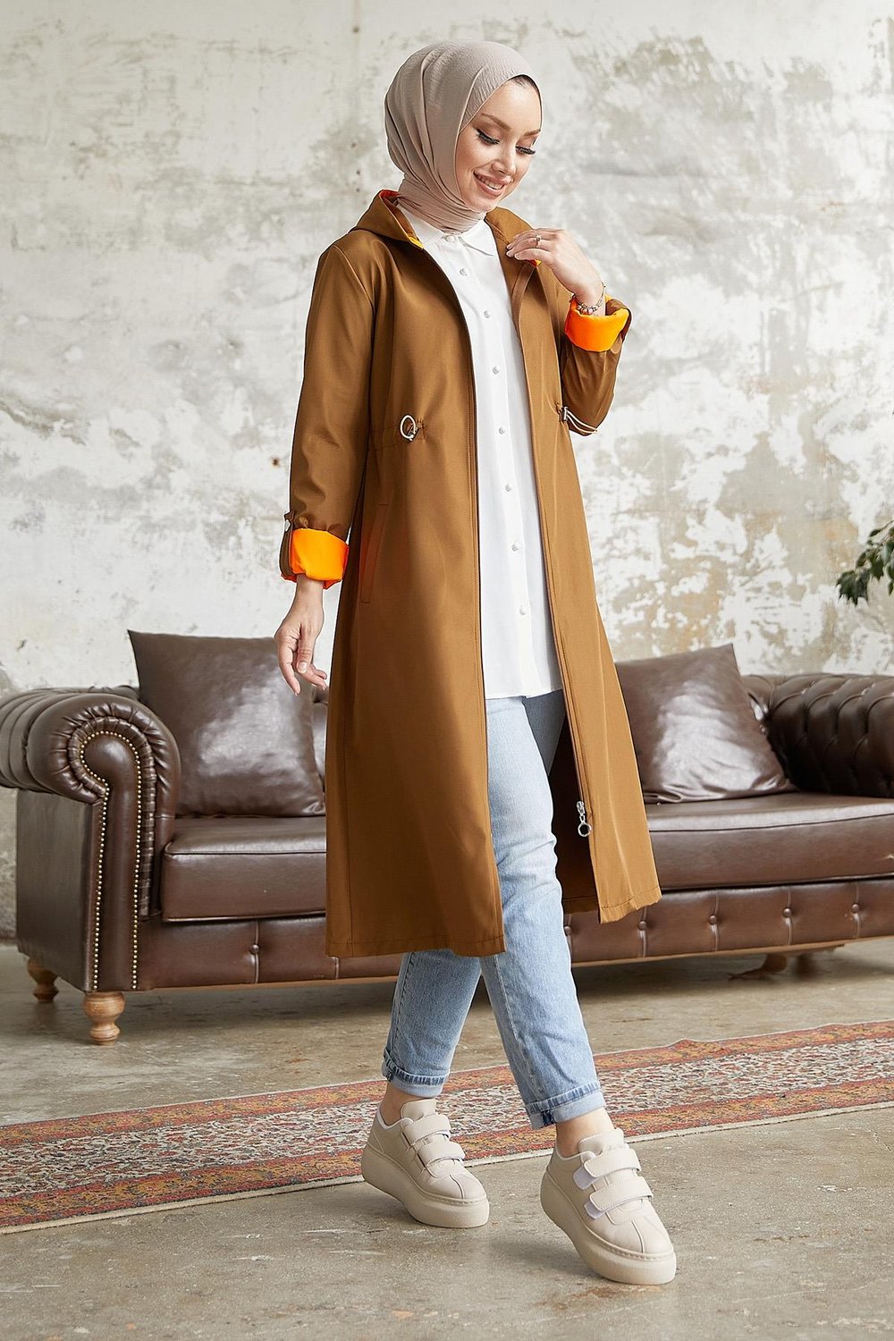 Beli Büzgülü Kapüşonlu Neon Trenç - Taba \ Turuncu