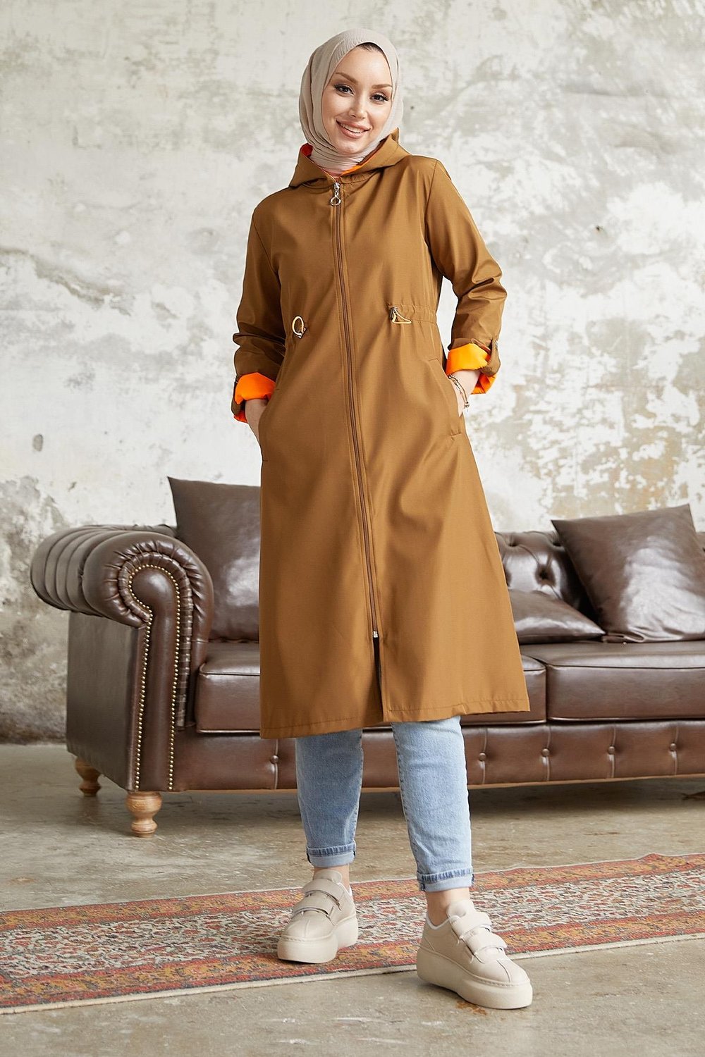 Beli Büzgülü Kapüşonlu Neon Trenç - Taba \ Turuncu