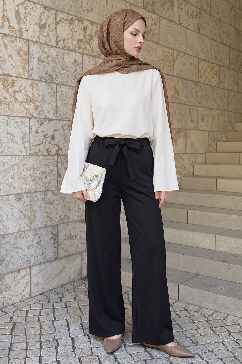 High-Waist Tie Belt Wide Scuba Pants - Black