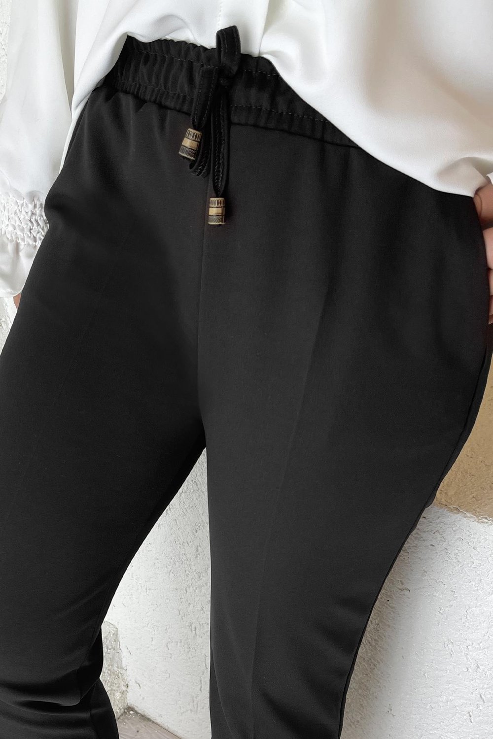 Beli Lastikli Likralı Duble Kumaş Pantolon - Siyah