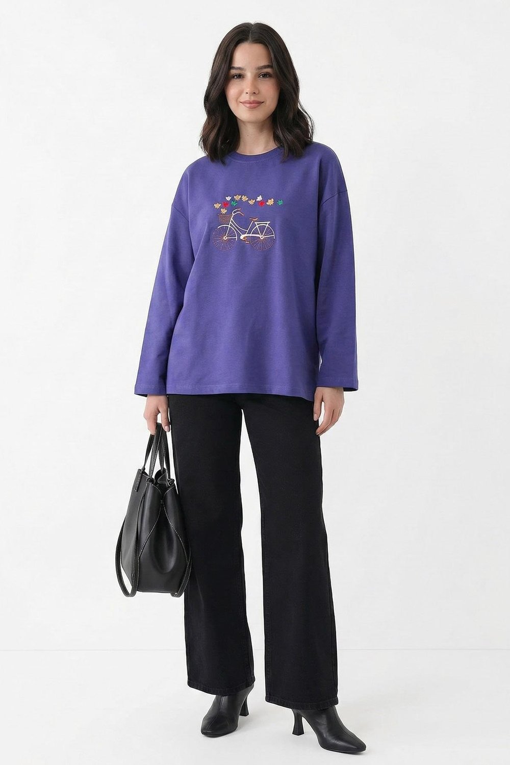 Bisiklet Desen Nakışlı Oversize Mor Sweat