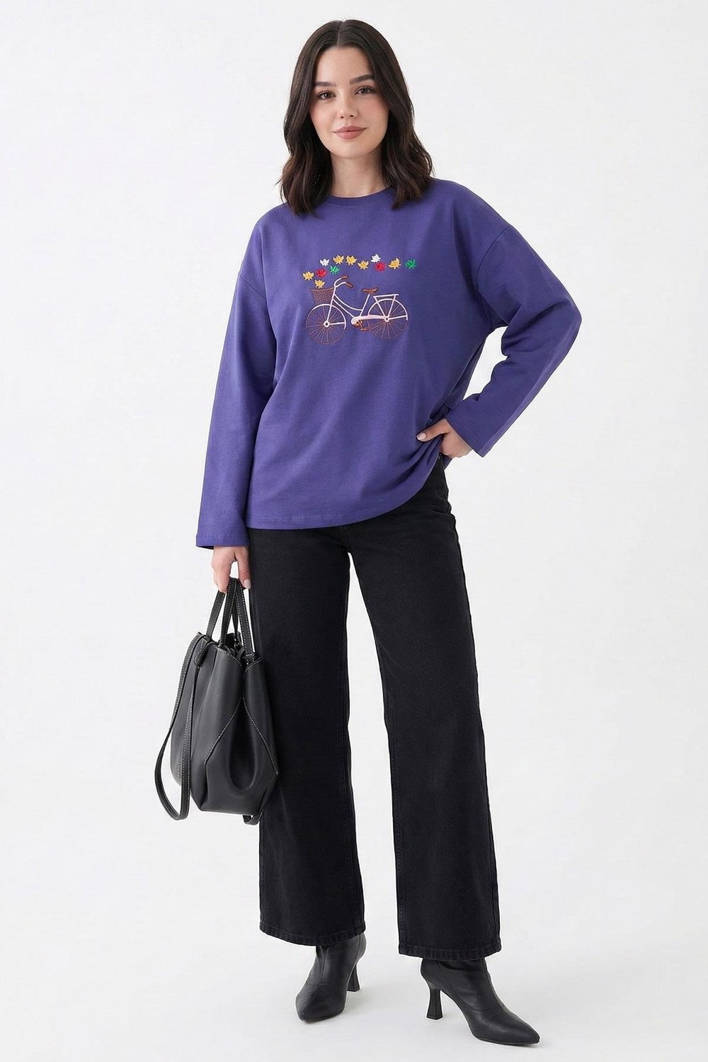 Bisiklet Desen Nakışlı Oversize Mor Sweat