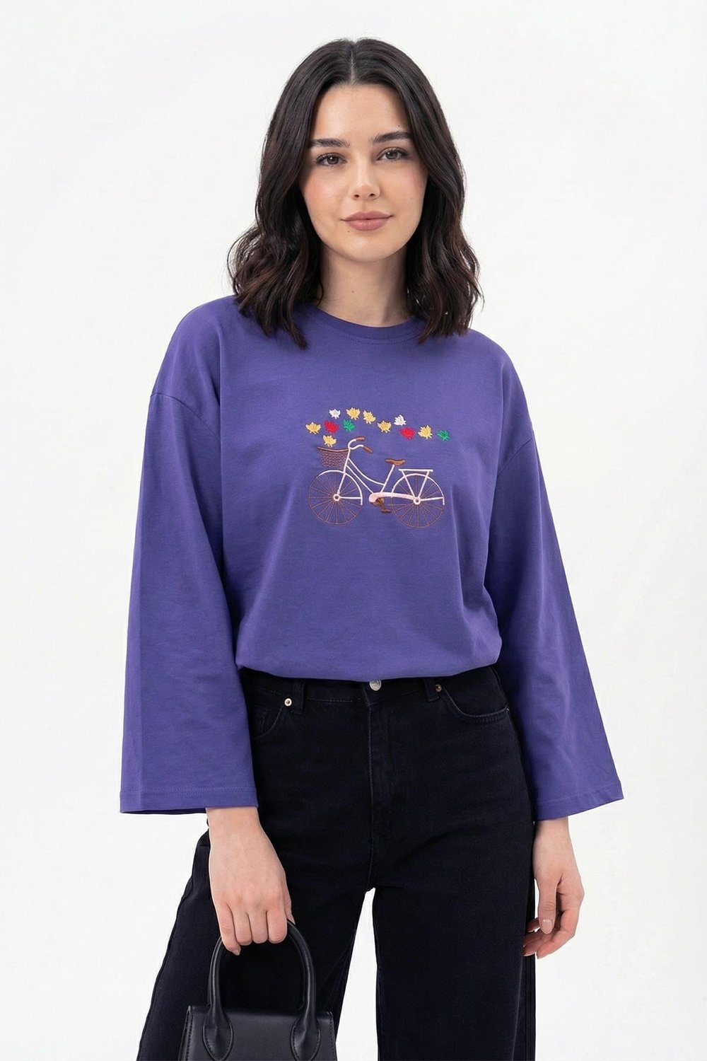 Bisiklet Desen Nakışlı Oversize Mor Sweat
