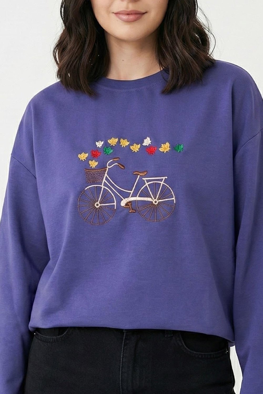 Bisiklet Desen Nakışlı Oversize Mor Sweat