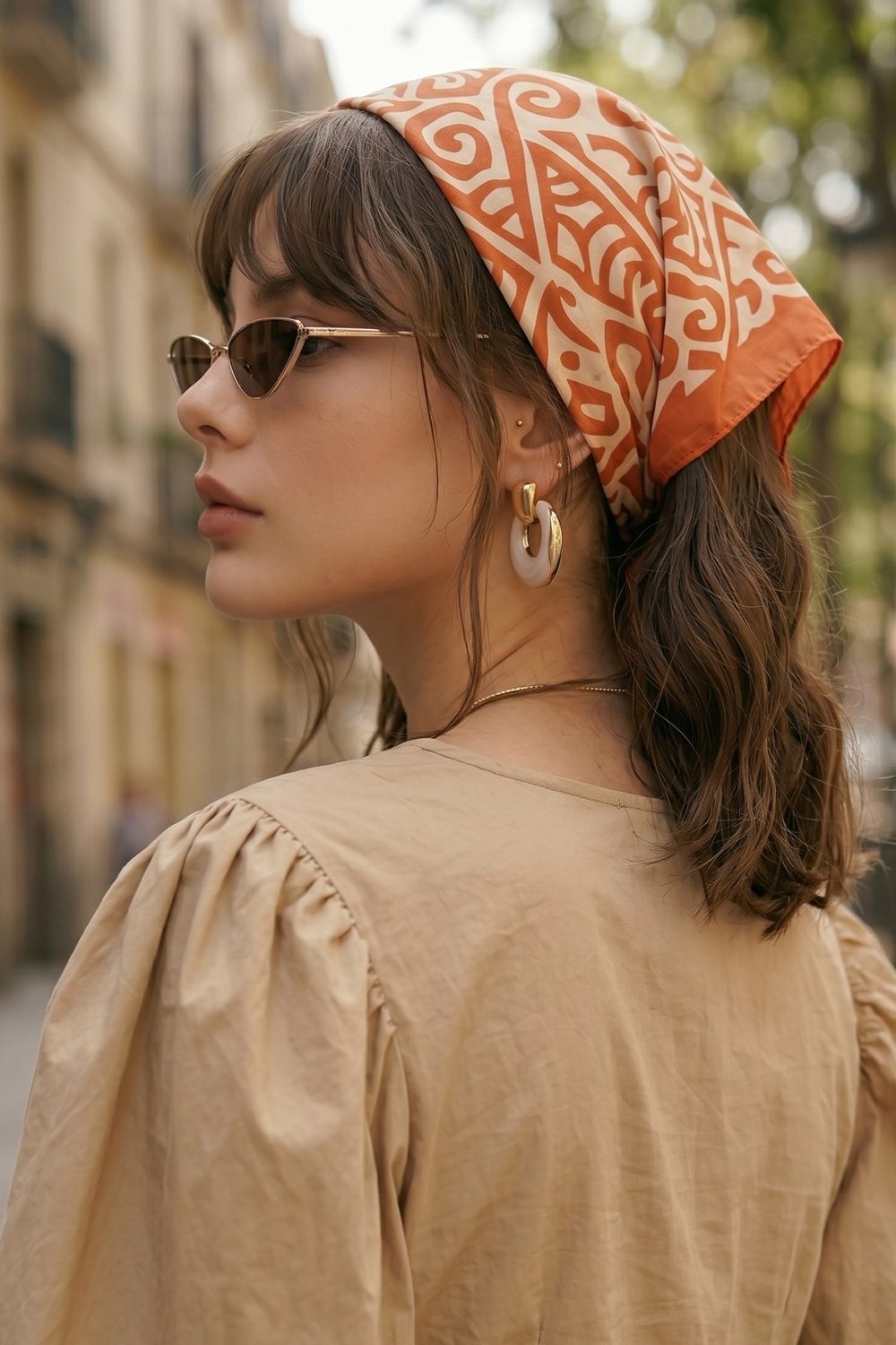 Bohem Desenli Turuncu-Krem Bandana Fular 50x50