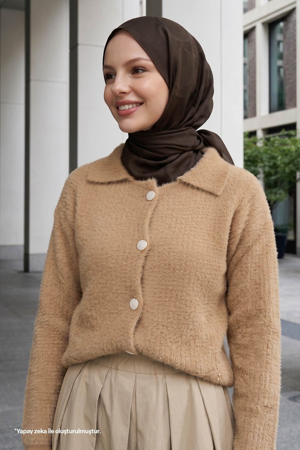 Beaded Pocket Detailed Camel Cardigan