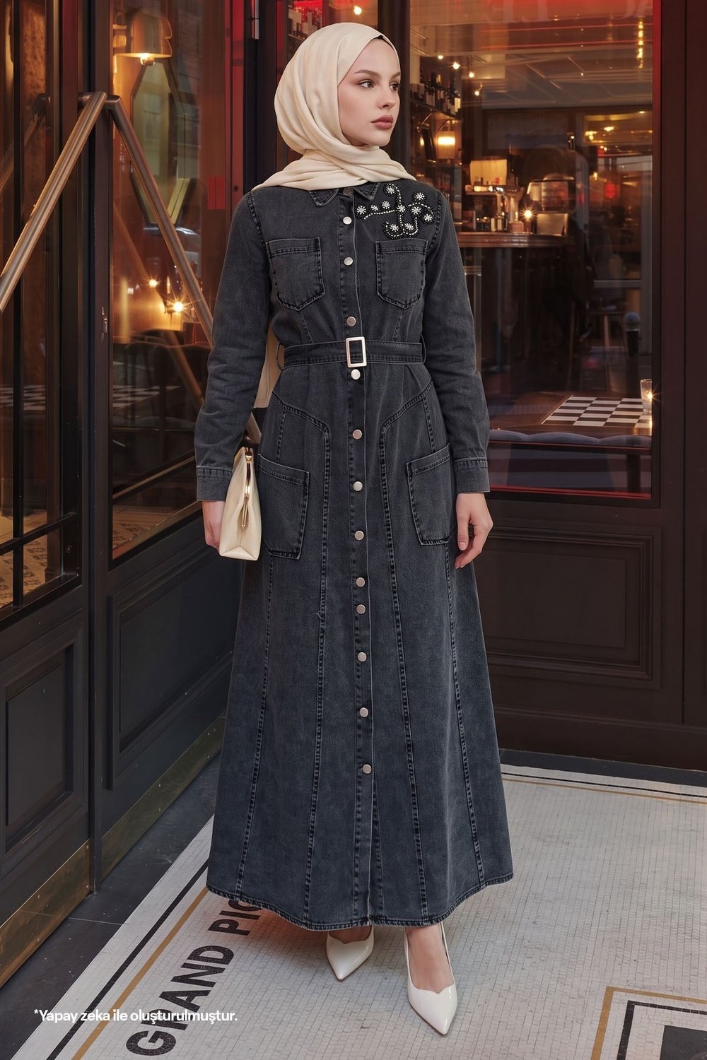 Beaded Belt Black Denim Dress