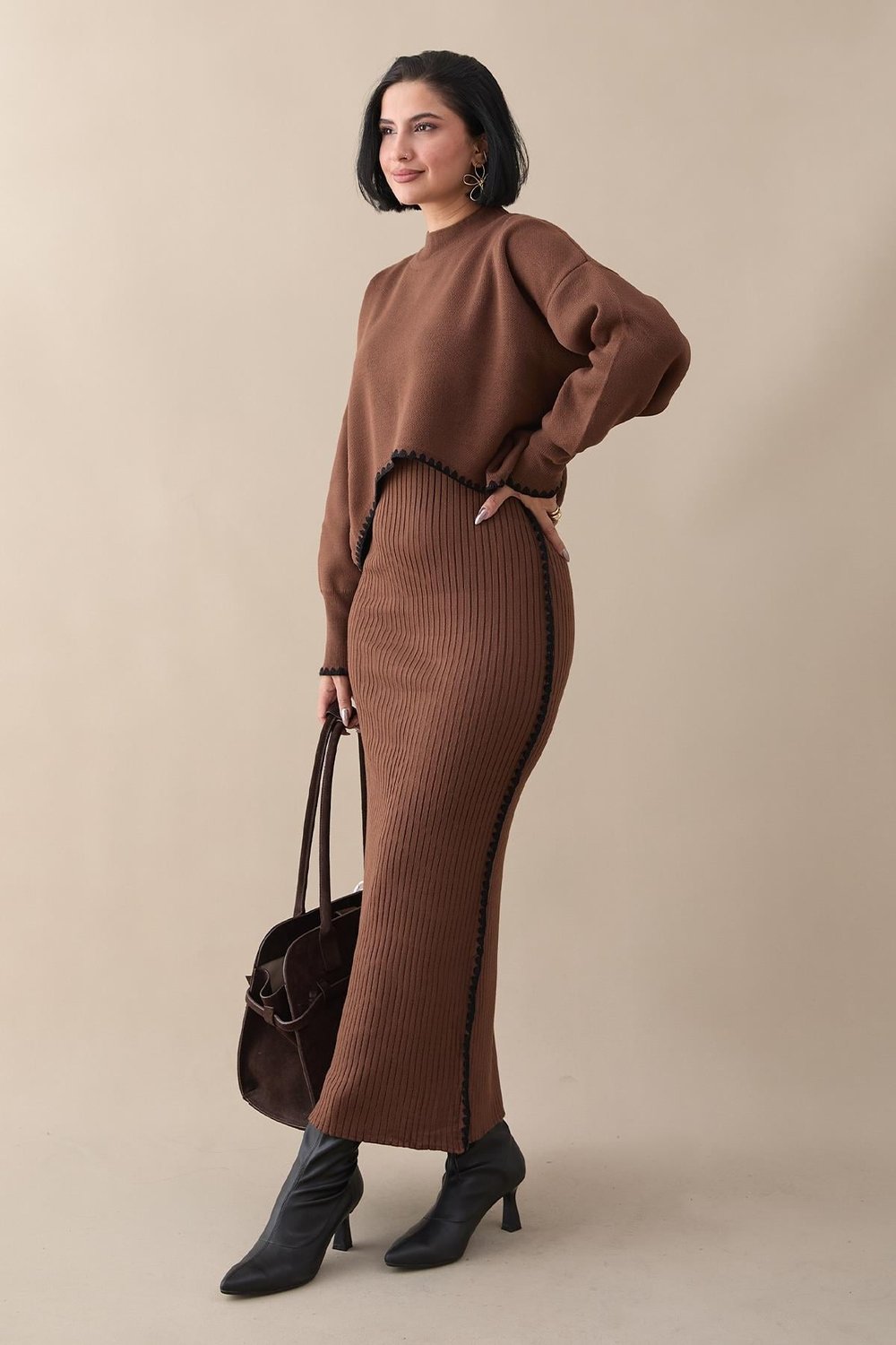 Long Ribbed Dark Brown Knit Set