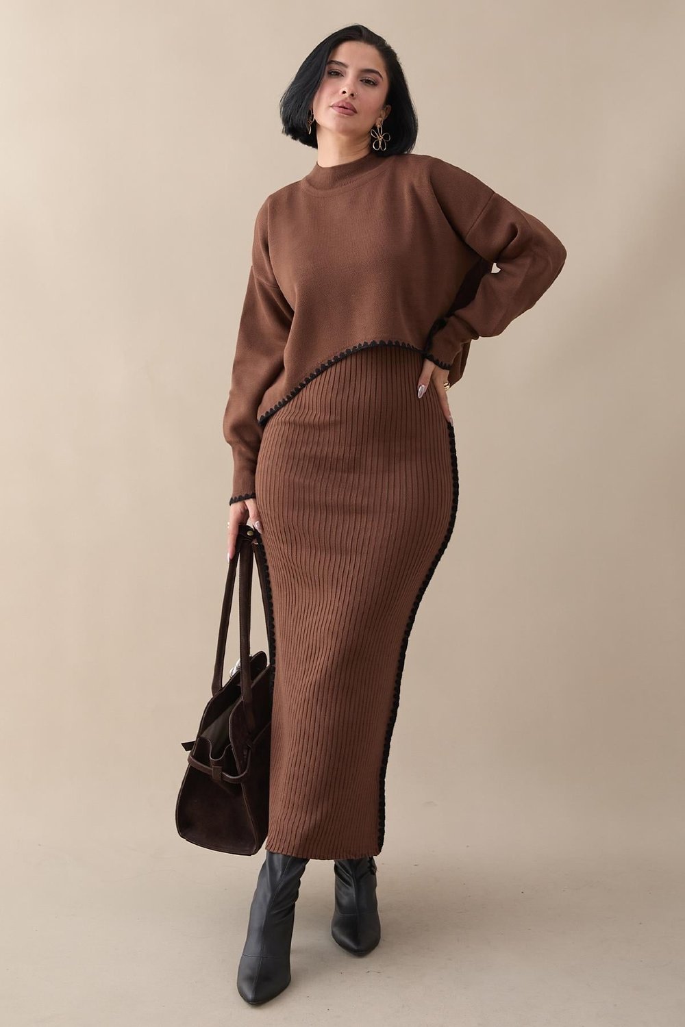 Long Ribbed Dark Brown Knit Set