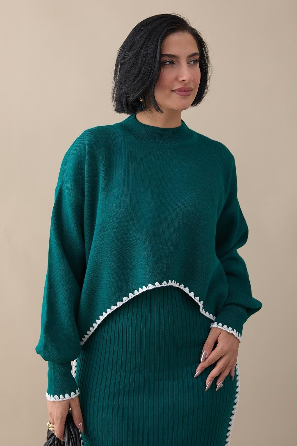 Long Ribbed Two-Piece Emerald Green Knit Set