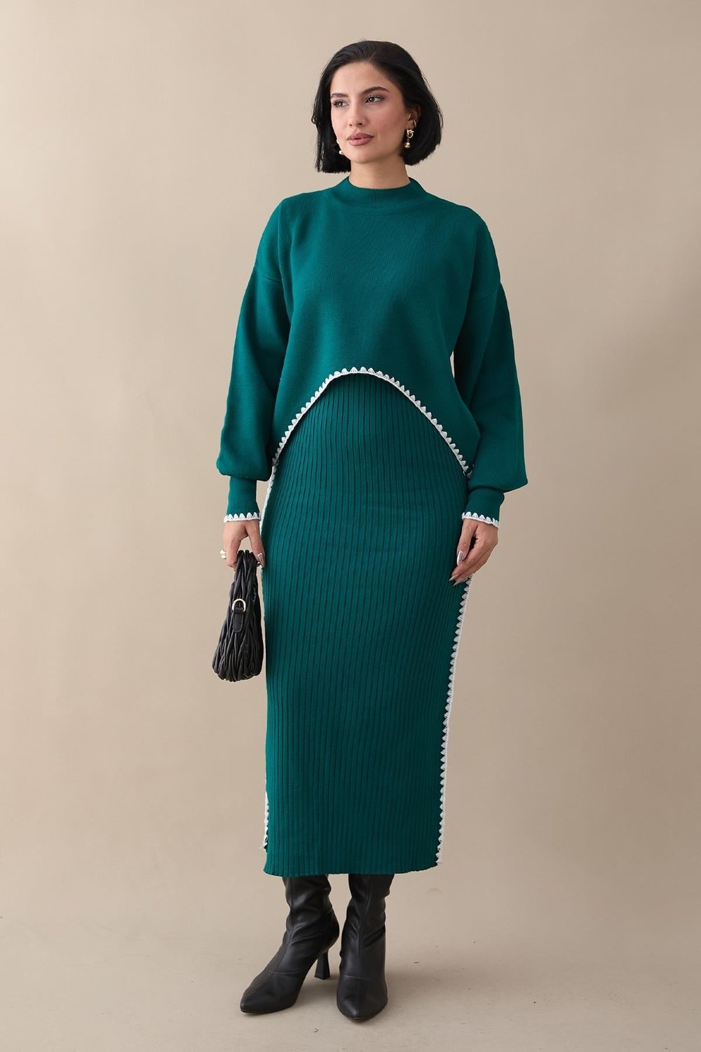 Long Ribbed Two-Piece Emerald Green Knit Set