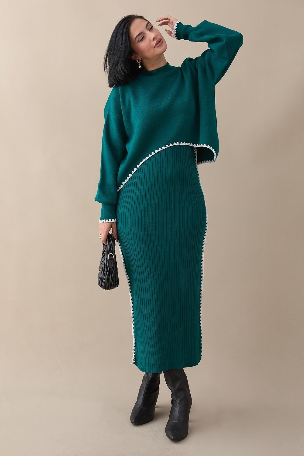 Long Ribbed Two-Piece Emerald Green Knit Set
