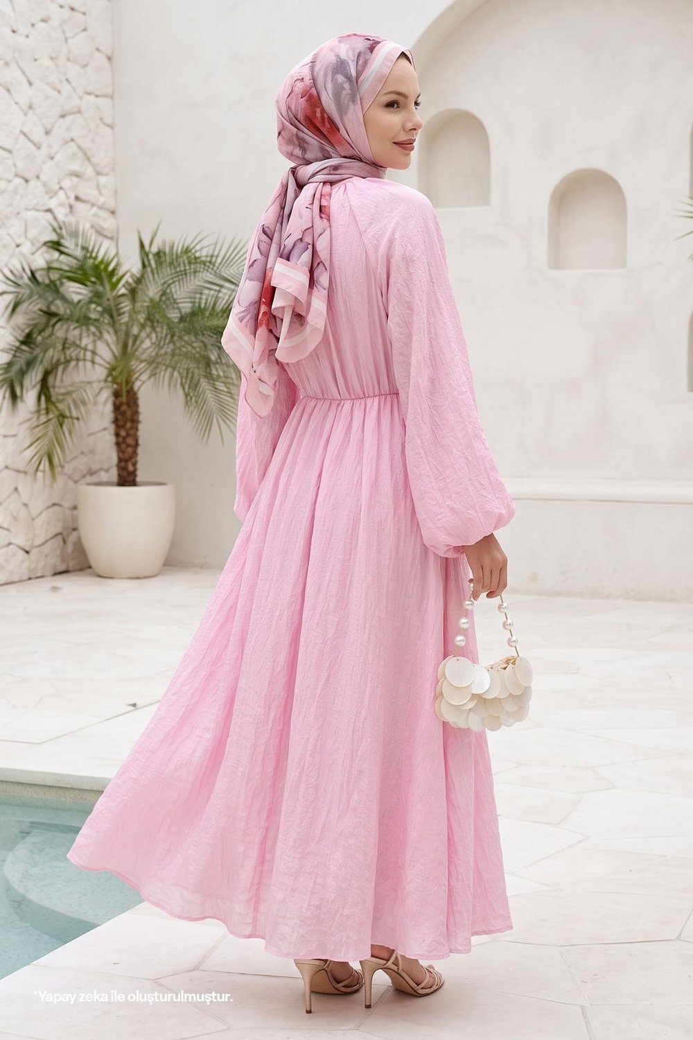 Broş Kemer Detaylı Pembe Elbise