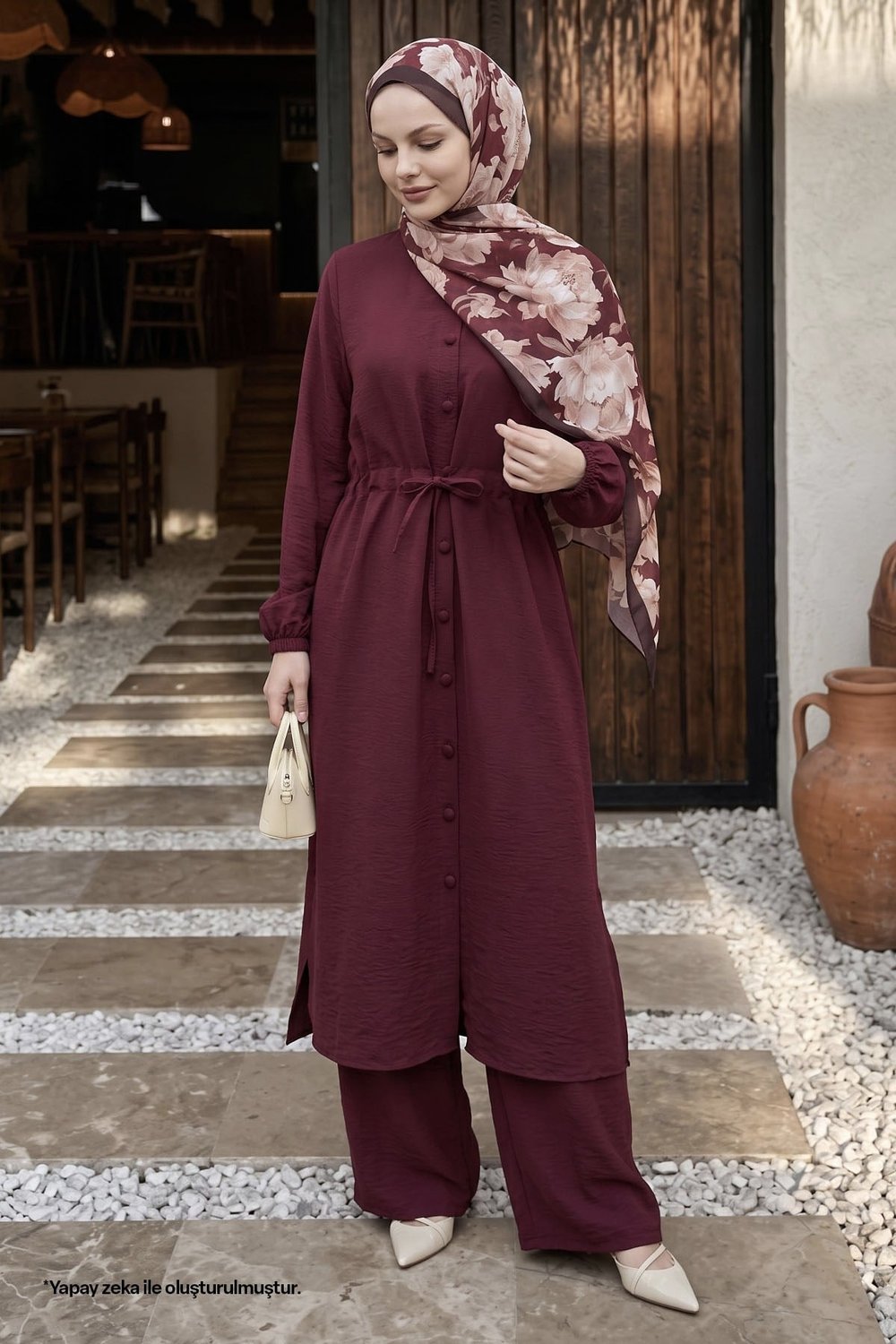 Büzgülü Düğmeli Bordo Tunik Takım