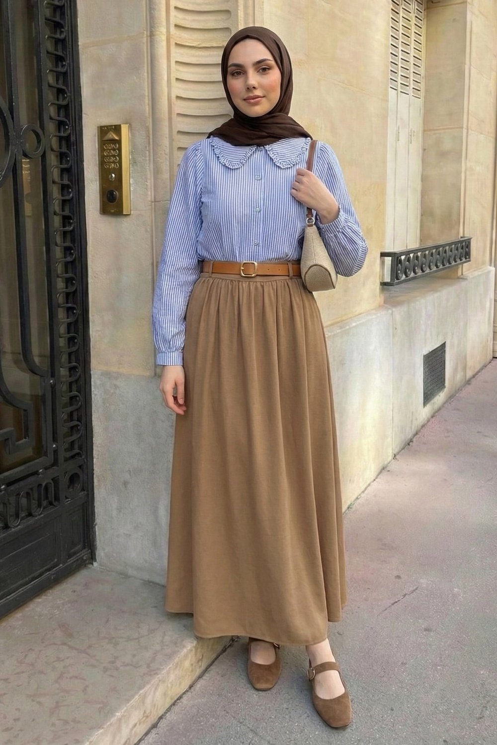 Büzgülü Kemerli Camel Modal Etek
