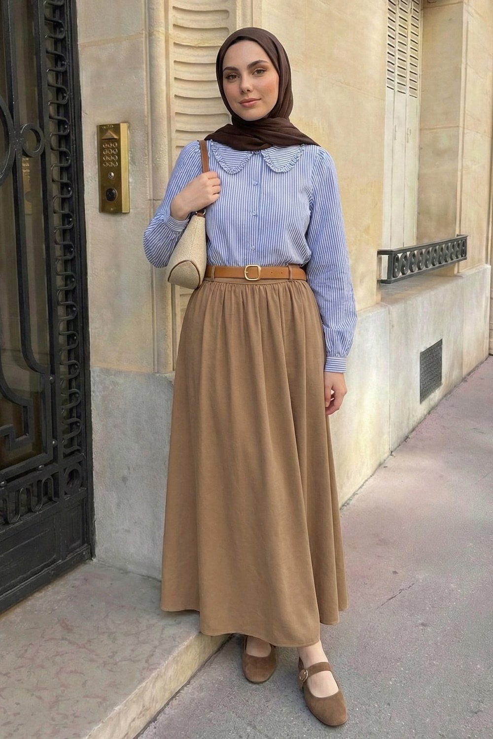 Büzgülü Kemerli Camel Modal Etek