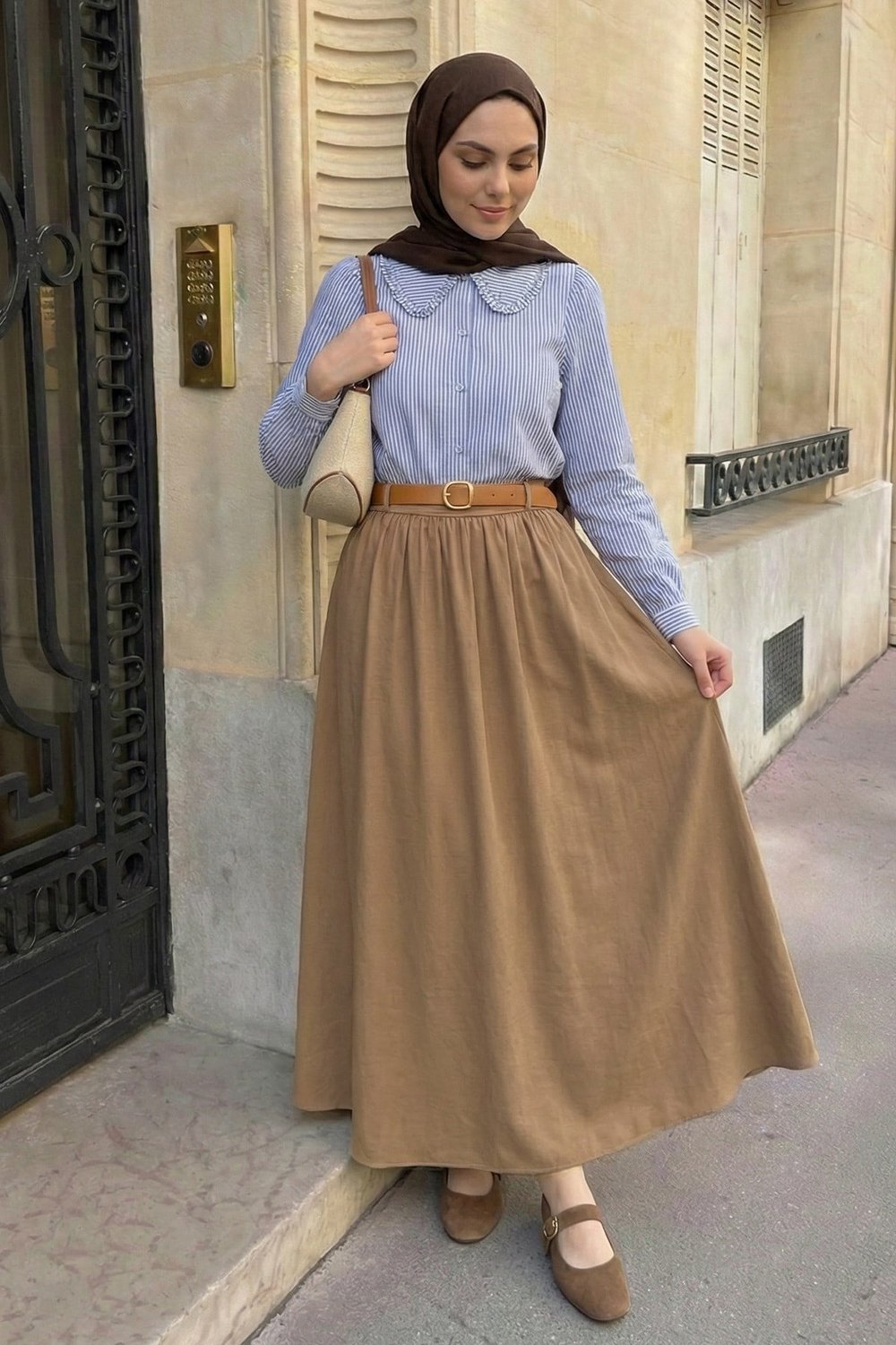 Büzgülü Kemerli Camel Modal Etek