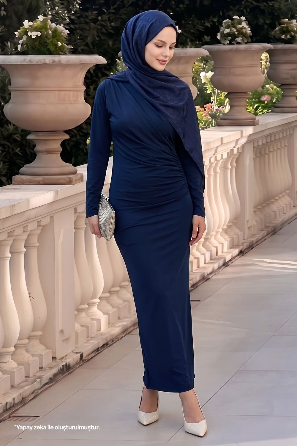 Büzgülü Sandy Lacivert Elbise