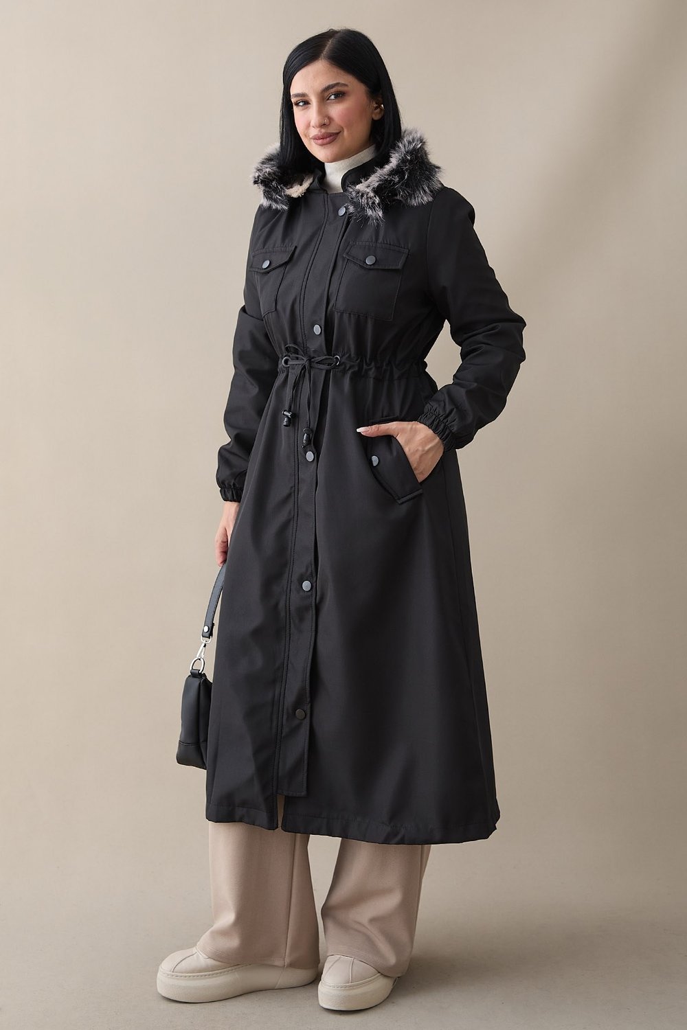 Cebi Kapaklı İçi Polar 0880 Kaban - Siyah