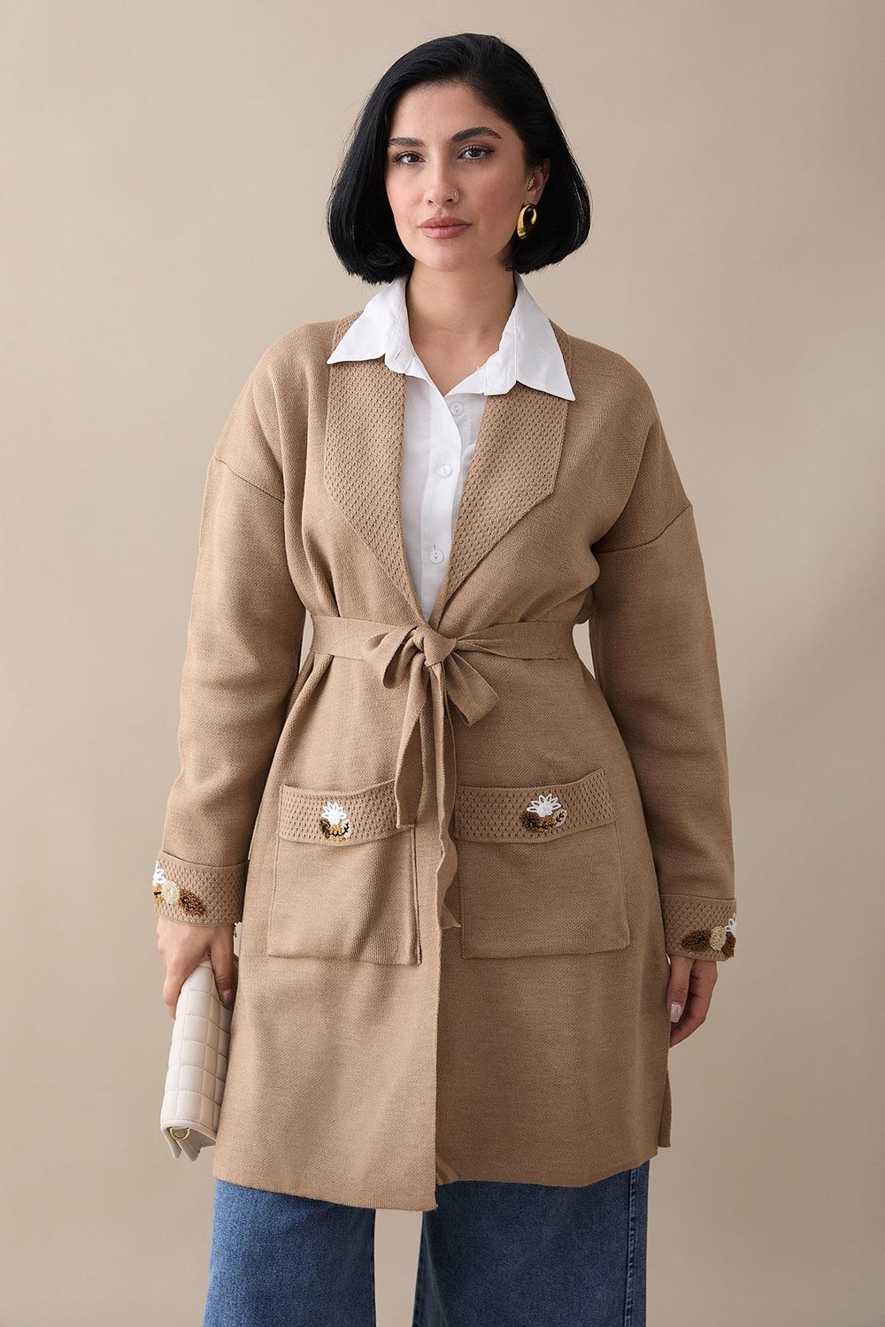 Embroidered Sleeve and Pocket Beige Knit Jacket