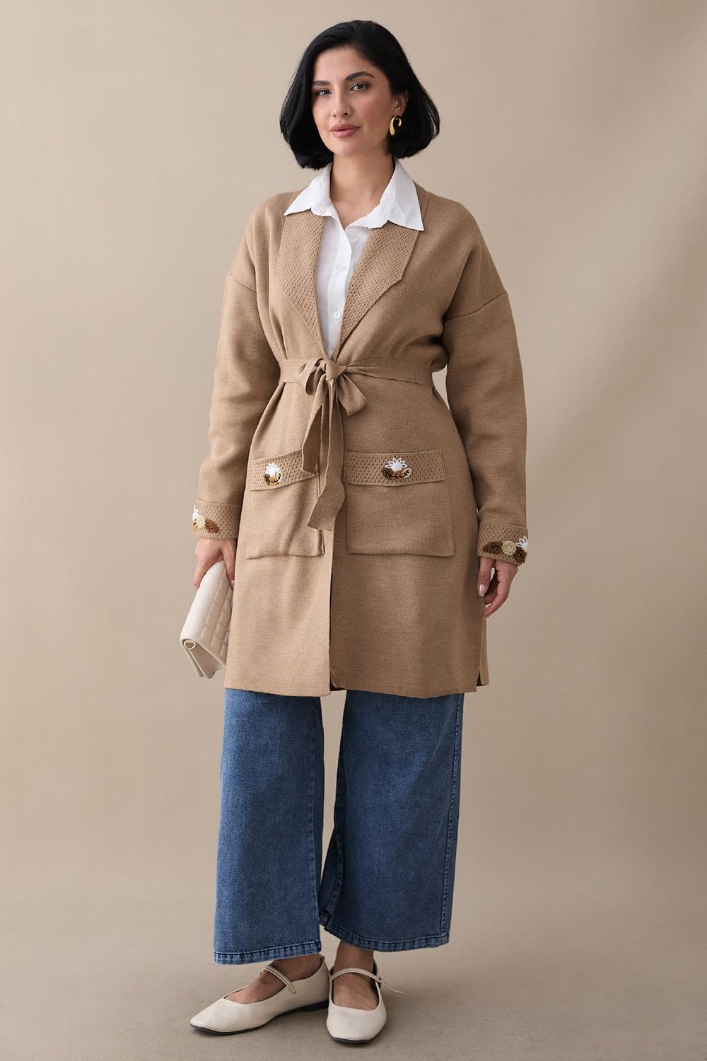 Embroidered Sleeve and Pocket Beige Knit Jacket