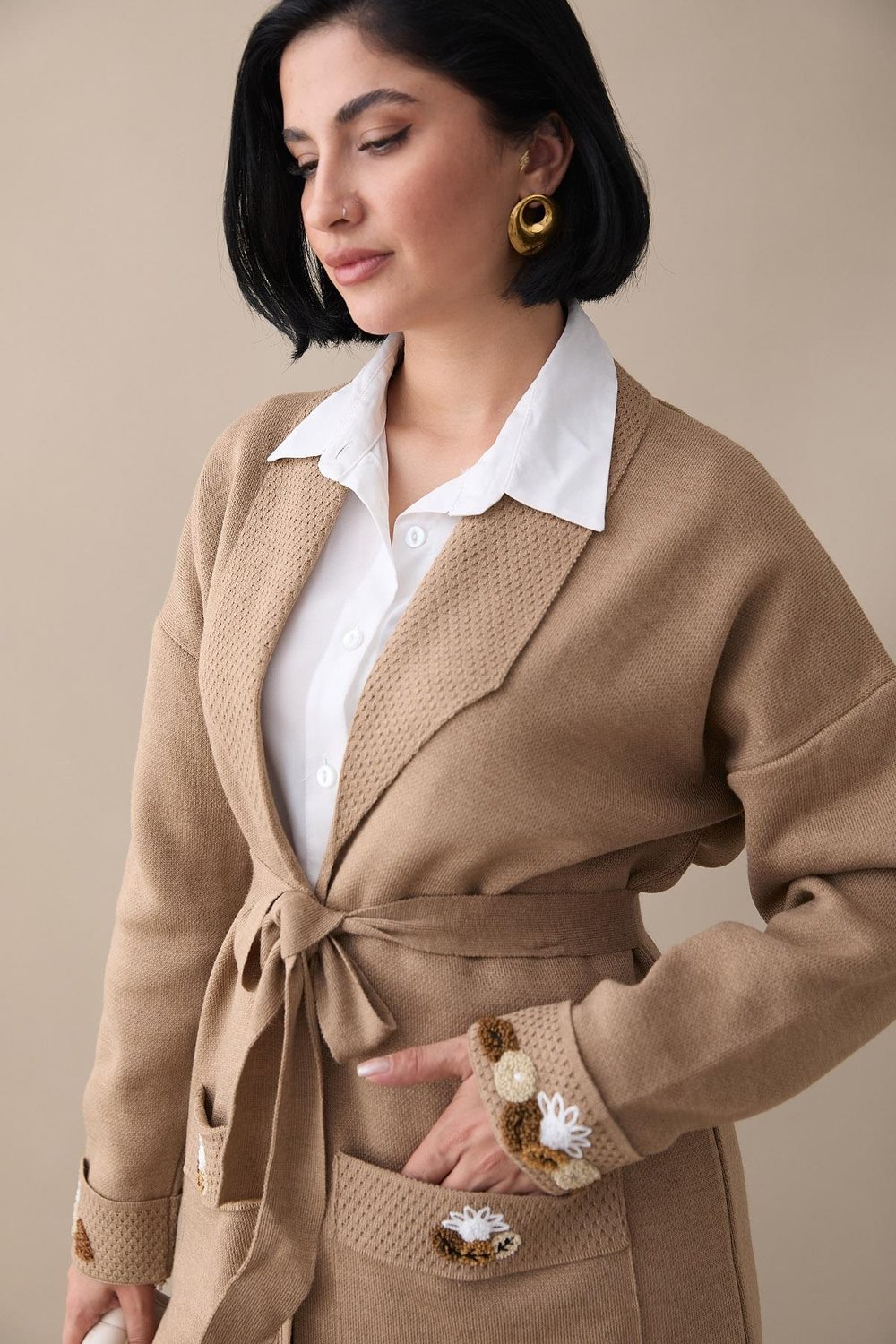 Embroidered Sleeve and Pocket Beige Knit Jacket