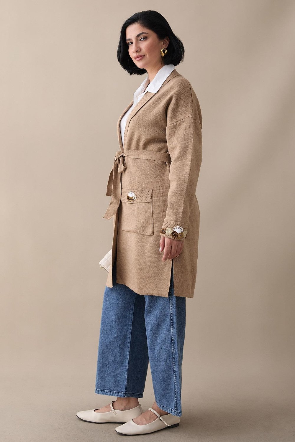 Embroidered Sleeve and Pocket Beige Knit Jacket