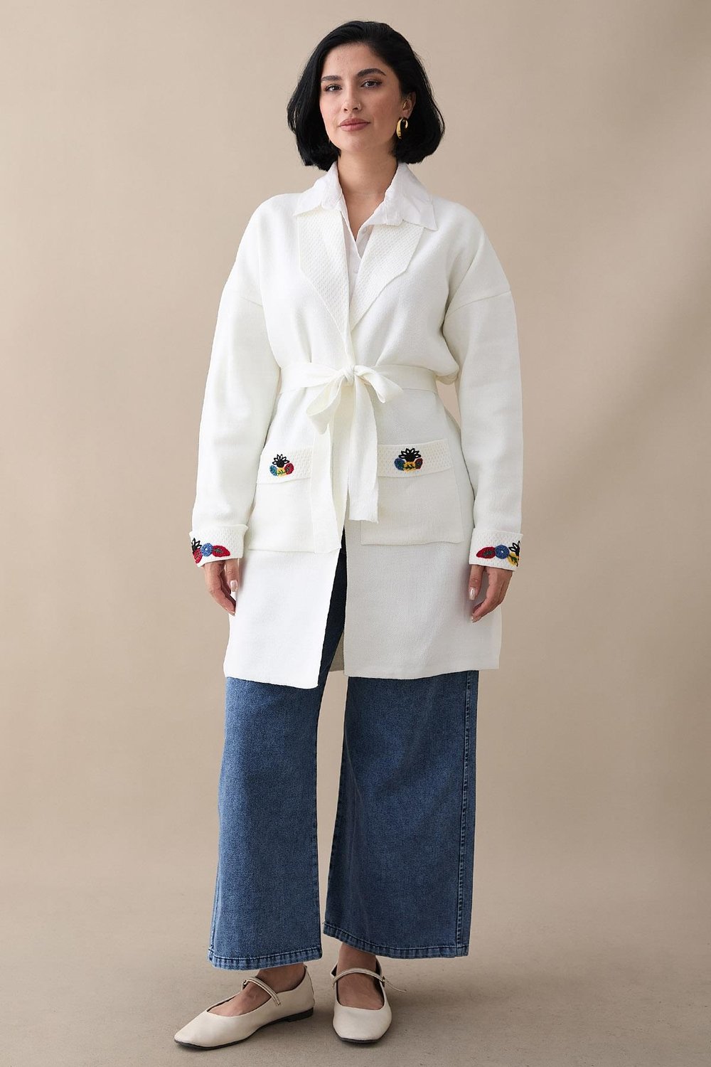 Embroidered Sleeve and Pocket White Knit Jacket