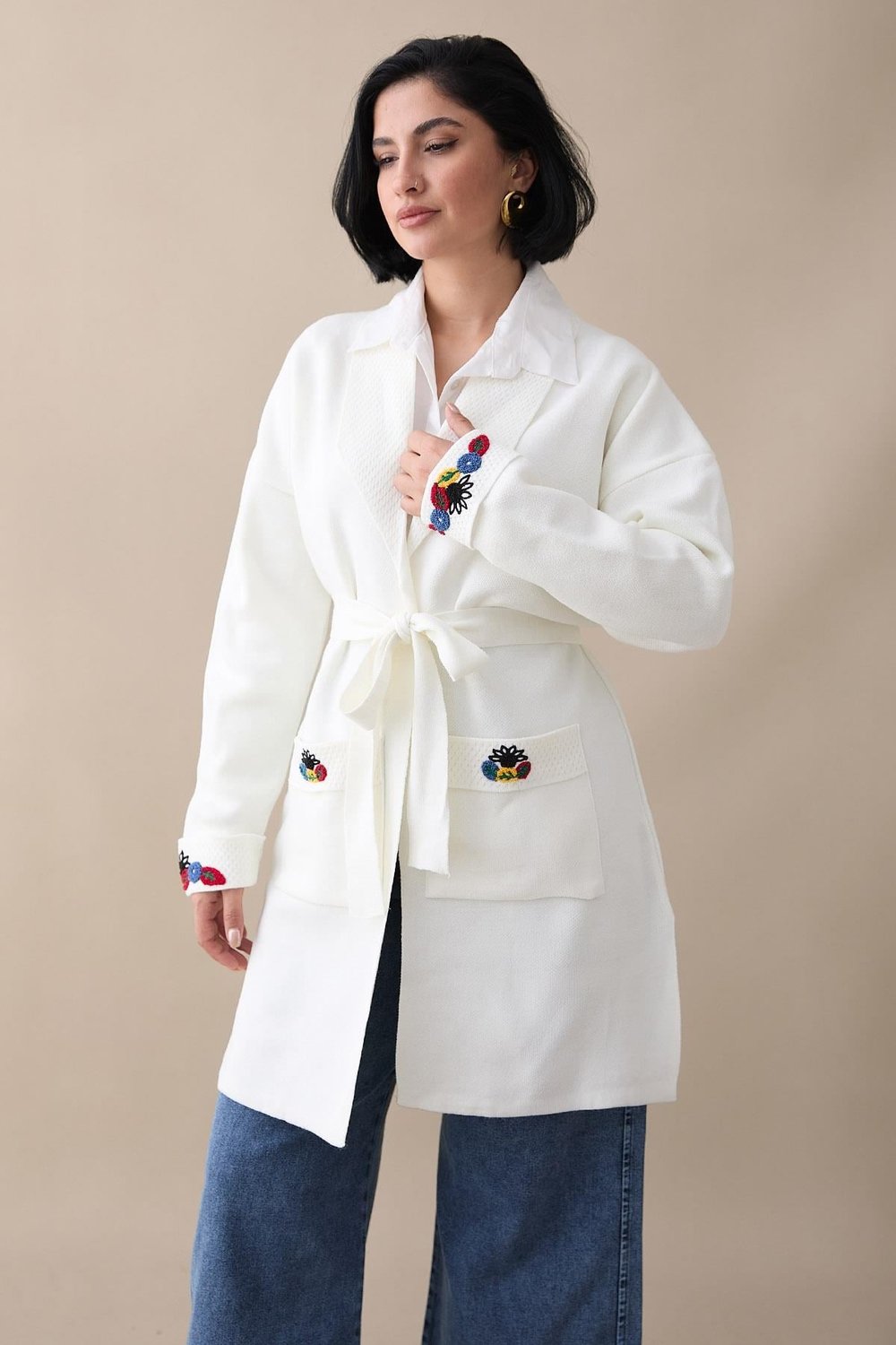 Embroidered Sleeve and Pocket White Knit Jacket