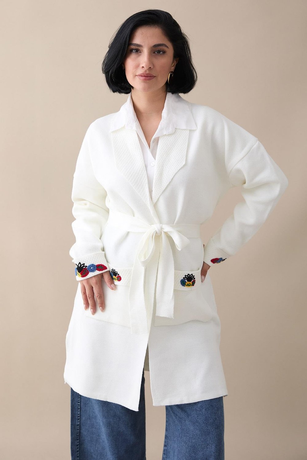 Embroidered Sleeve and Pocket White Knit Jacket