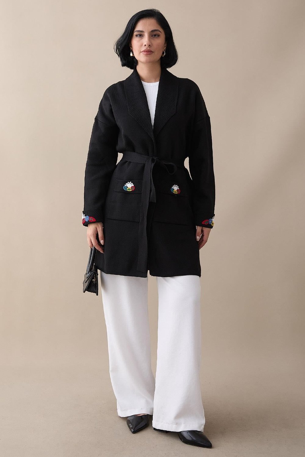 Embroidered Sleeve and Pocket Black Knit Jacket