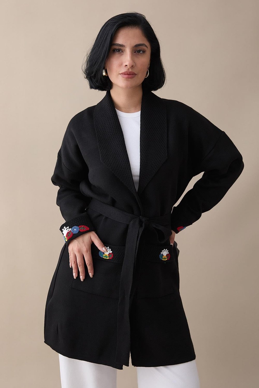 Embroidered Sleeve and Pocket Black Knit Jacket