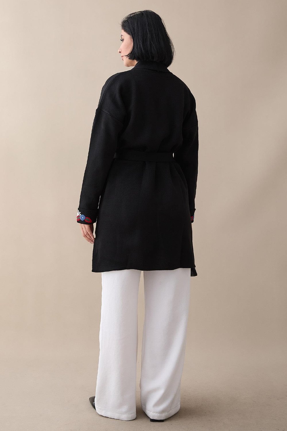 Embroidered Sleeve and Pocket Black Knit Jacket