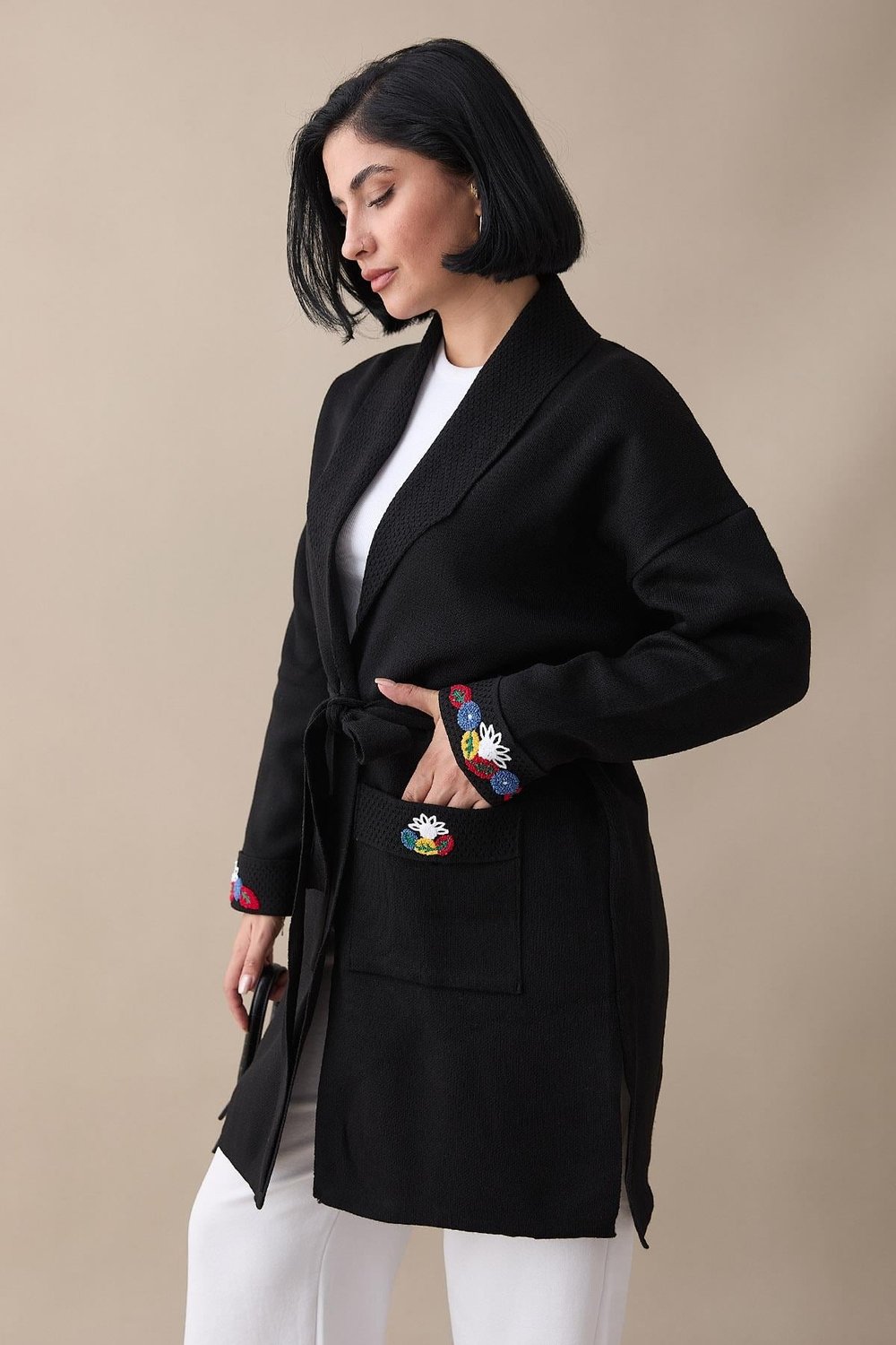 Embroidered Sleeve and Pocket Black Knit Jacket
