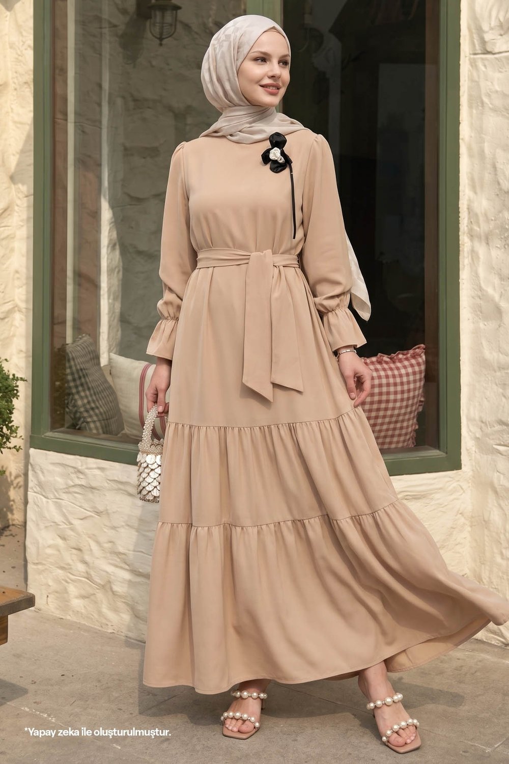 Çiçek Broş Detay Kuşaklı Camel Elbise
