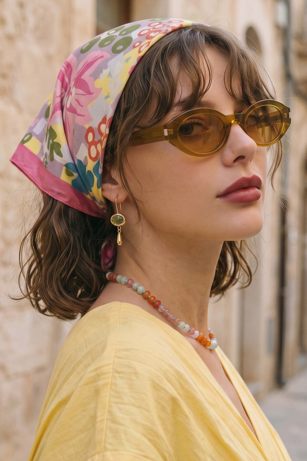 Çiçek Desenli Sarı-Pembe Bandana Fular 50x50