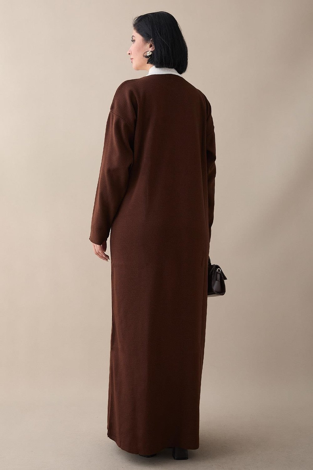 Flower Detail Two-Tone Dark Brown Knit Dress