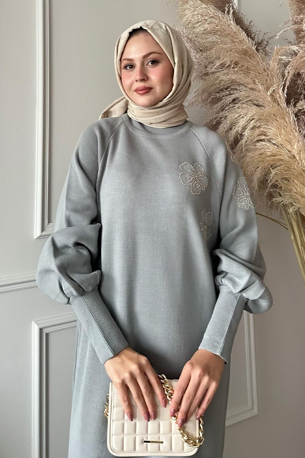 Floral Stone Balloon Sleeve Gray Knit Dress