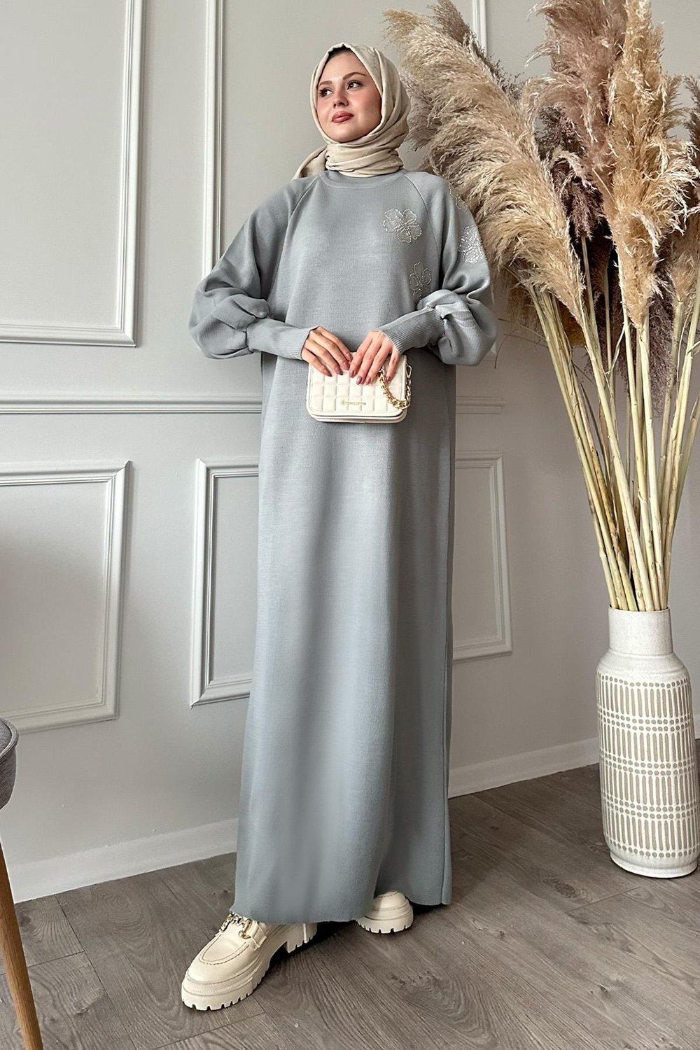 Floral Stone Balloon Sleeve Gray Knit Dress