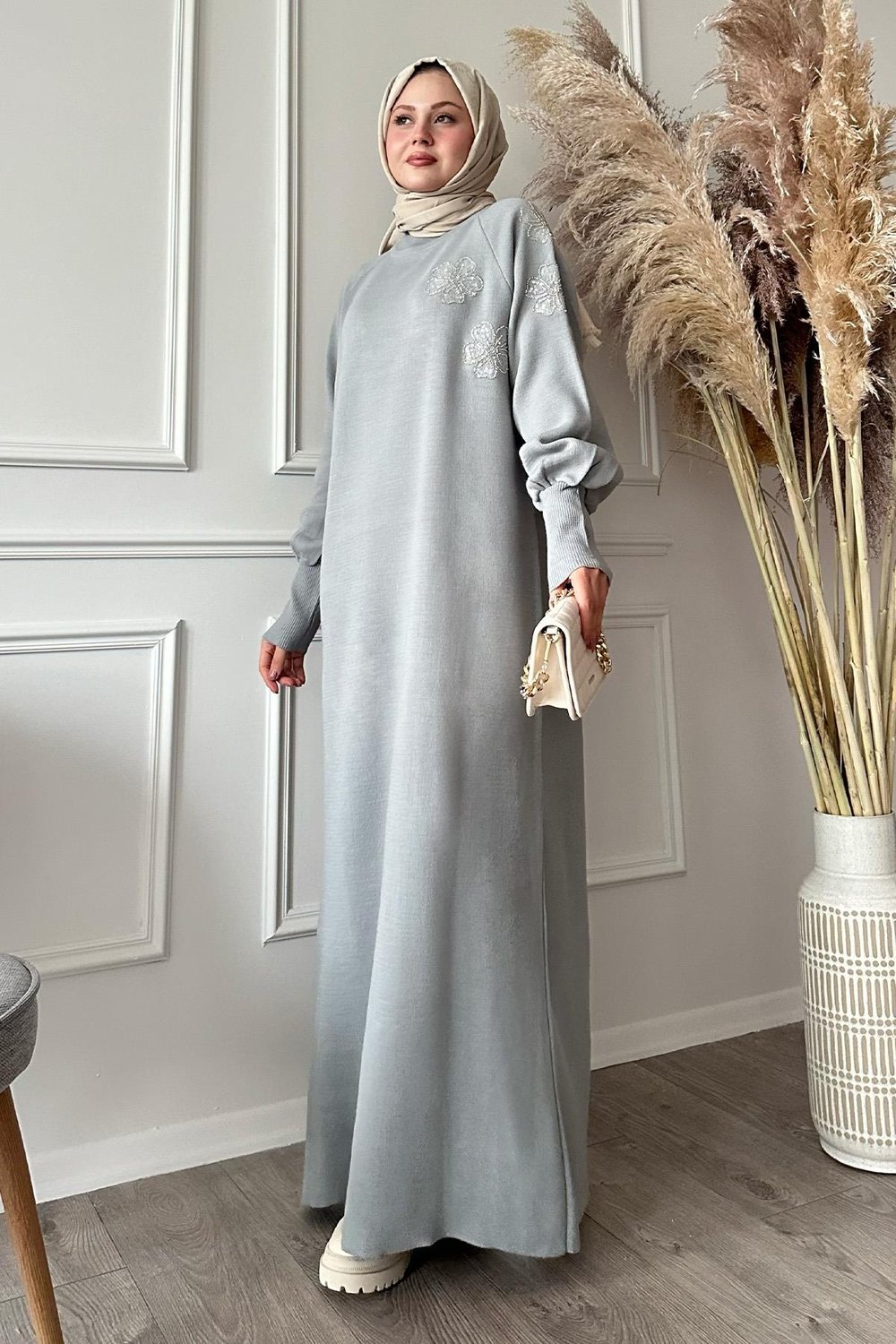 Floral Stone Balloon Sleeve Gray Knit Dress