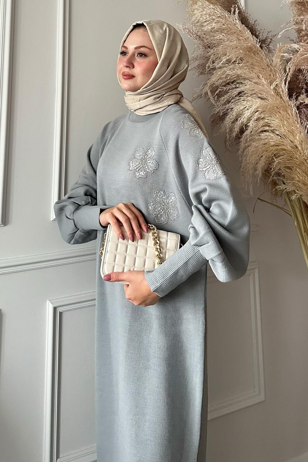 Floral Stone Balloon Sleeve Gray Knit Dress