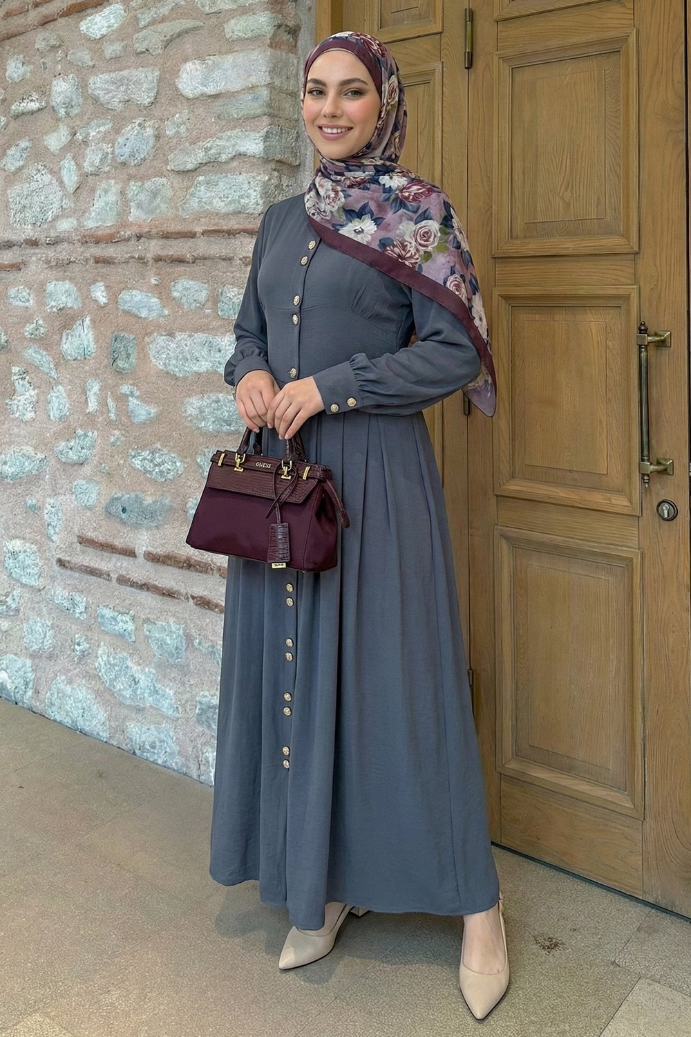 Çift Gold Düğmeli Füme Elbise