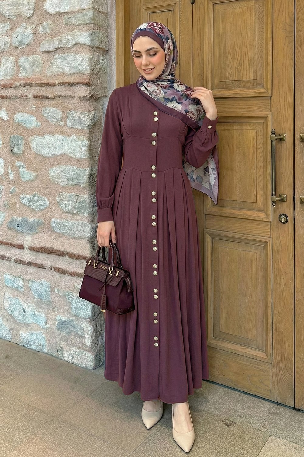 Çift Gold Düğmeli Mürdüm Elbise
