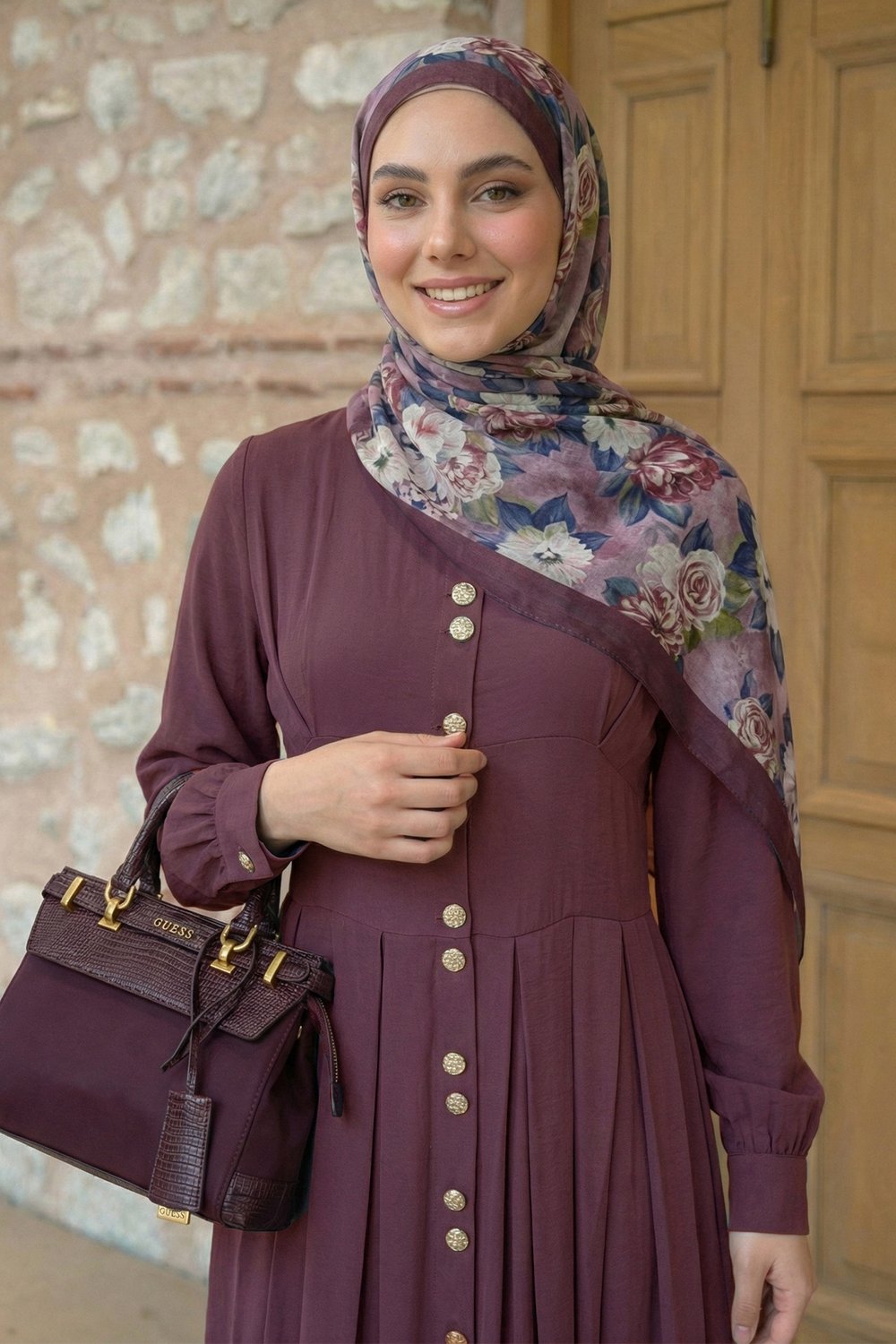 Çift Gold Düğmeli Mürdüm Elbise