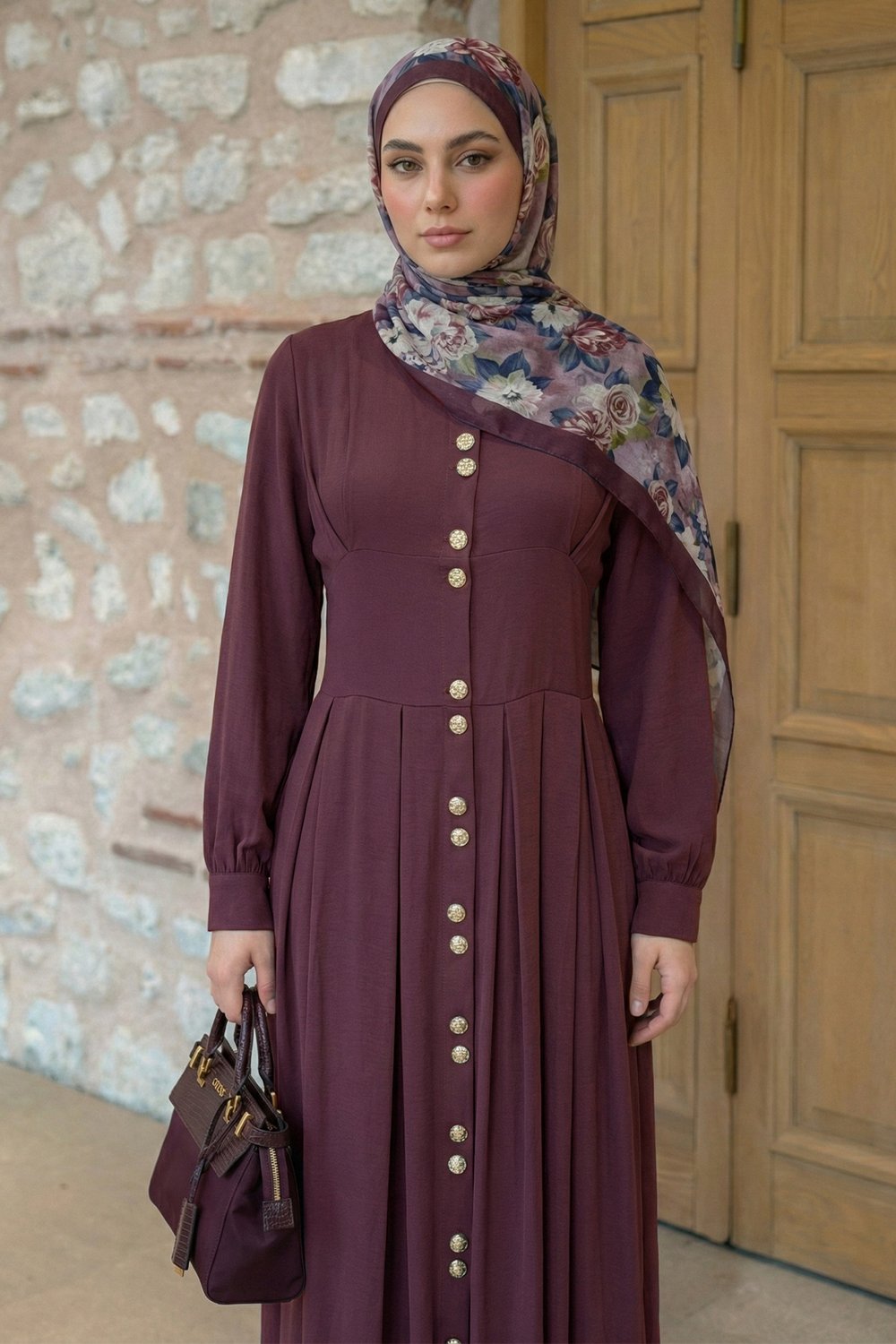 Çift Gold Düğmeli Mürdüm Elbise